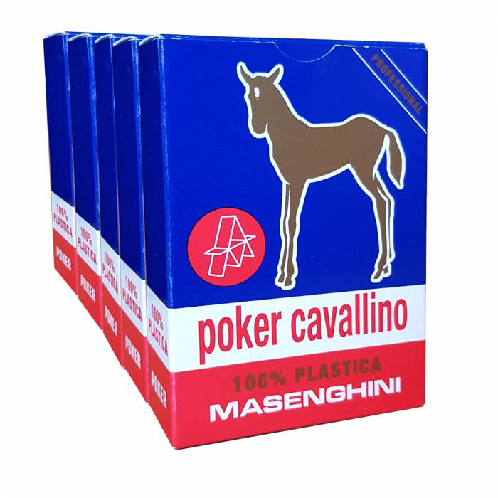 Cartouche Masenghini "CAVALLINO" Bleu - 5 Jeux de 55 cartes 100% plastique - Format Poker XL - 4 index standards