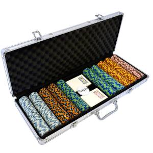 Maleta de 500 fichas de póker "CROWN" - versión CASH GAME - de arcilla compuesta de 14 g - con accesorios.