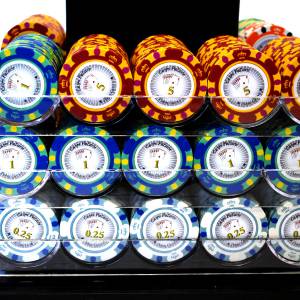 Vogelkooi met 600 pokerchips "CROWN" - CASH GAME-versie - gemaakt van klei-composiet met een gewicht van 14 g.