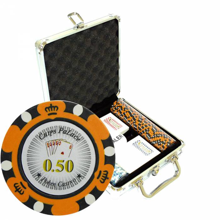 Maletín de 100 fichas de póker "CROWN" - versión CASH GAME - de arcilla compuesta de 14 g - con accesorios.
