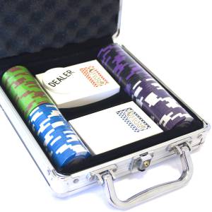 Maletín de 100 fichas de póker "LAS VEGAS" - versión TORNEO - de arcilla compuesta de 14 g - con accesorios.