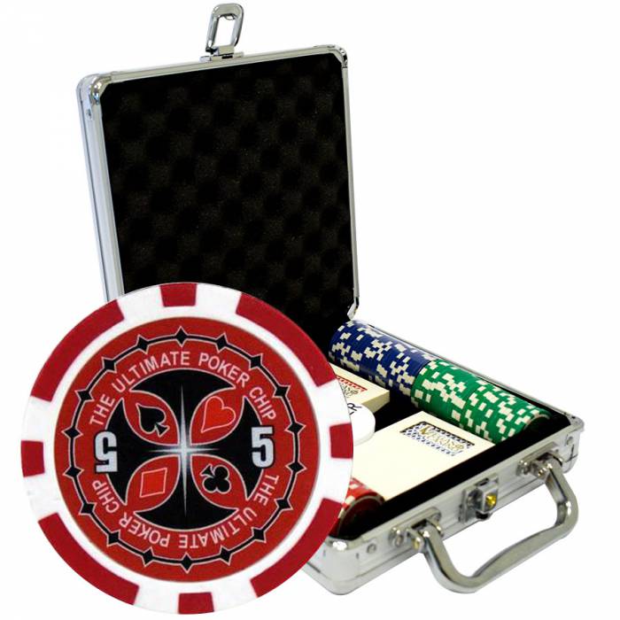 Pokerchip-Koffer mit 100 Jetons "ULTIMATE POKER CHIPS" - CASH GAME-Version - aus ABS mit metallischer 12 g Einlage - mit Zubehör