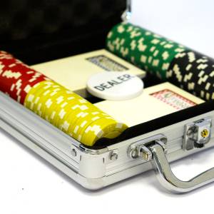 Maleta de 100 fichas de poker "DICE COLOR" - em ABS com inserção metálica de 12g - com acessórios.