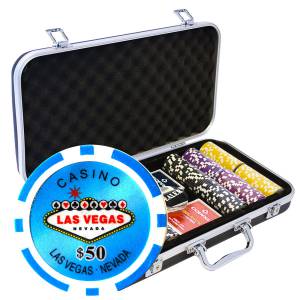 Mallette Premium de 300 jetons de poker "WELCOME LAS VEGAS" - version TOURNOI - ABS insert métallique 12 g - avec accessoires