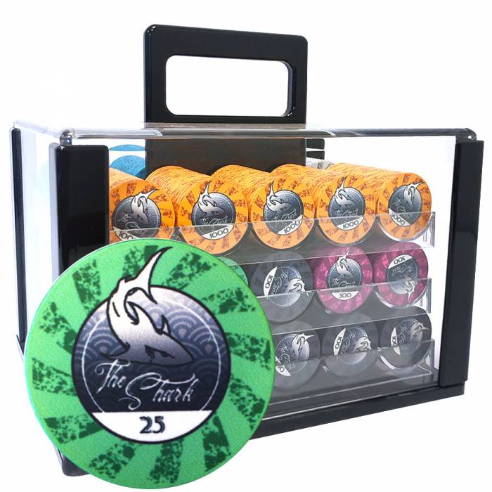 Jaula de pájaros de 600 fichas de póker "THE SHARK" de cerámica de 10 g EXCLUSIVIDAD DE PRODUCCIÓN DE CARTAS.