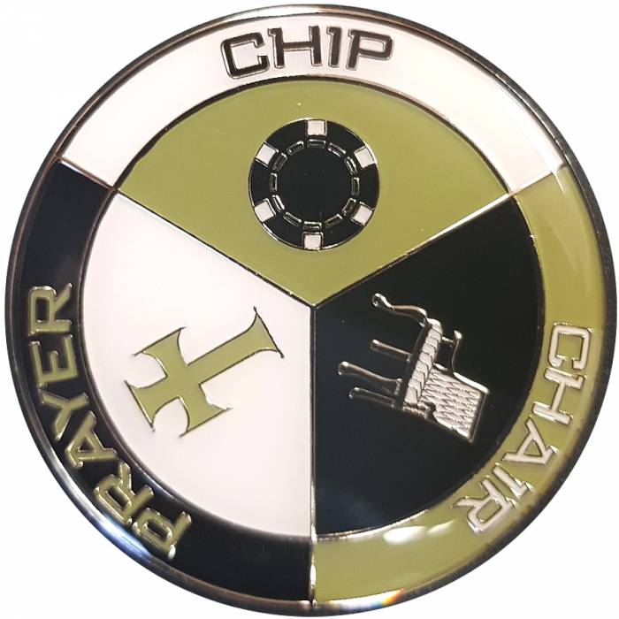 Card-Guard "CHIP-CHAIR-PRAYER" - en métal – 2 faces différentes – 50mm de diamètre