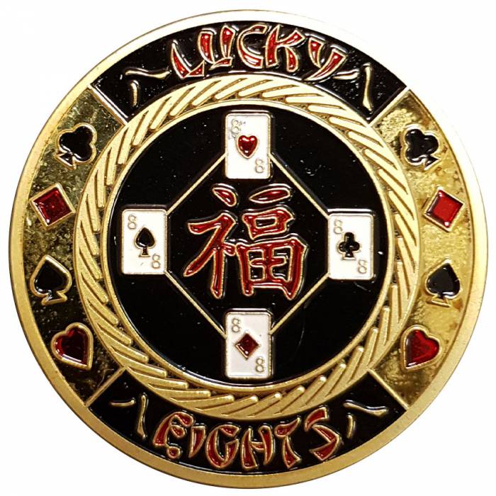 Card guard "LUCKY 8" - 40 mm - nel suo protettore di fiches in plexiglass.