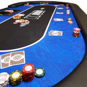 Mesa de poker "FLORÉAL BLUE" - com pés dobráveis reforçados - tapete de neoprene - 10 jogadores + dealer