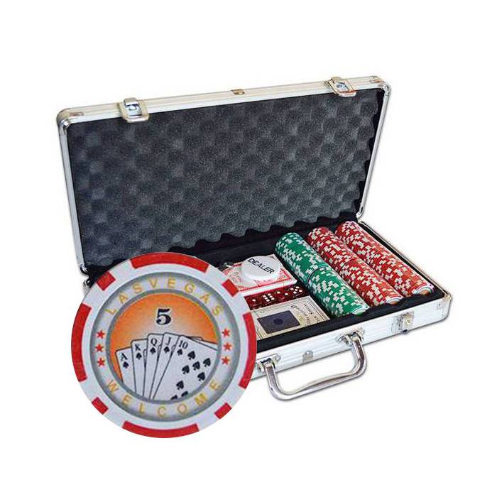 300-piece poker chip set "ROYAL FLUSH" - made of ABS plastic with 11.5g weight - comes with 2 decks of cards and accessories.