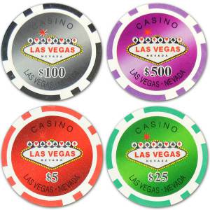 Maleta de 300 fichas de pôquer "BEM-VINDO LAS VEGAS" - versão TORNEIO - em ABS com inserção metálica de 12 g - com acessórios.