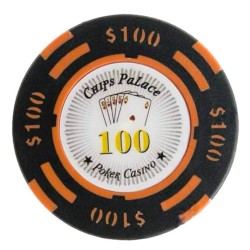 Poker chip "CHIPS PALACE 100" - uit kleicomposiet met metalen inzetstuk - 14g - te koop per stuk.