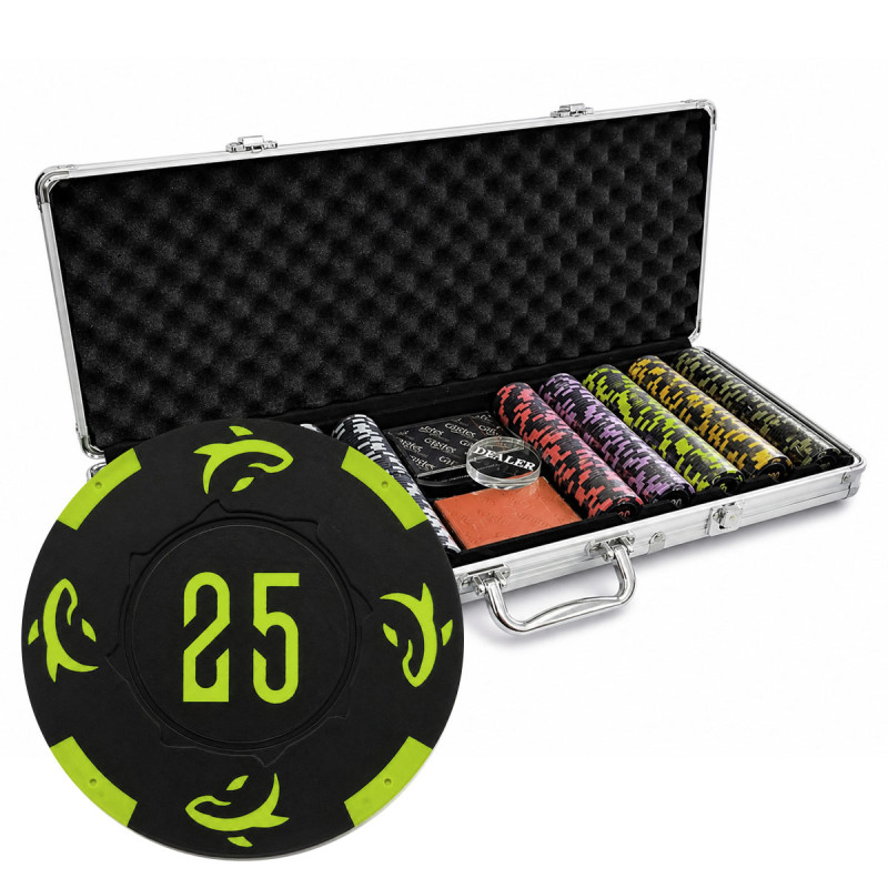 Pokerset med 500 marker "KILLER SHARK" - TURNERINGSversion - i lerblandning 14 g - med tillbehör