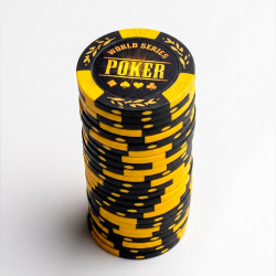 Pokerchips "WORLD SERIES YELLOW" - van kleiproduct met metalen inzetstuk - 14g - rol van 25 chips