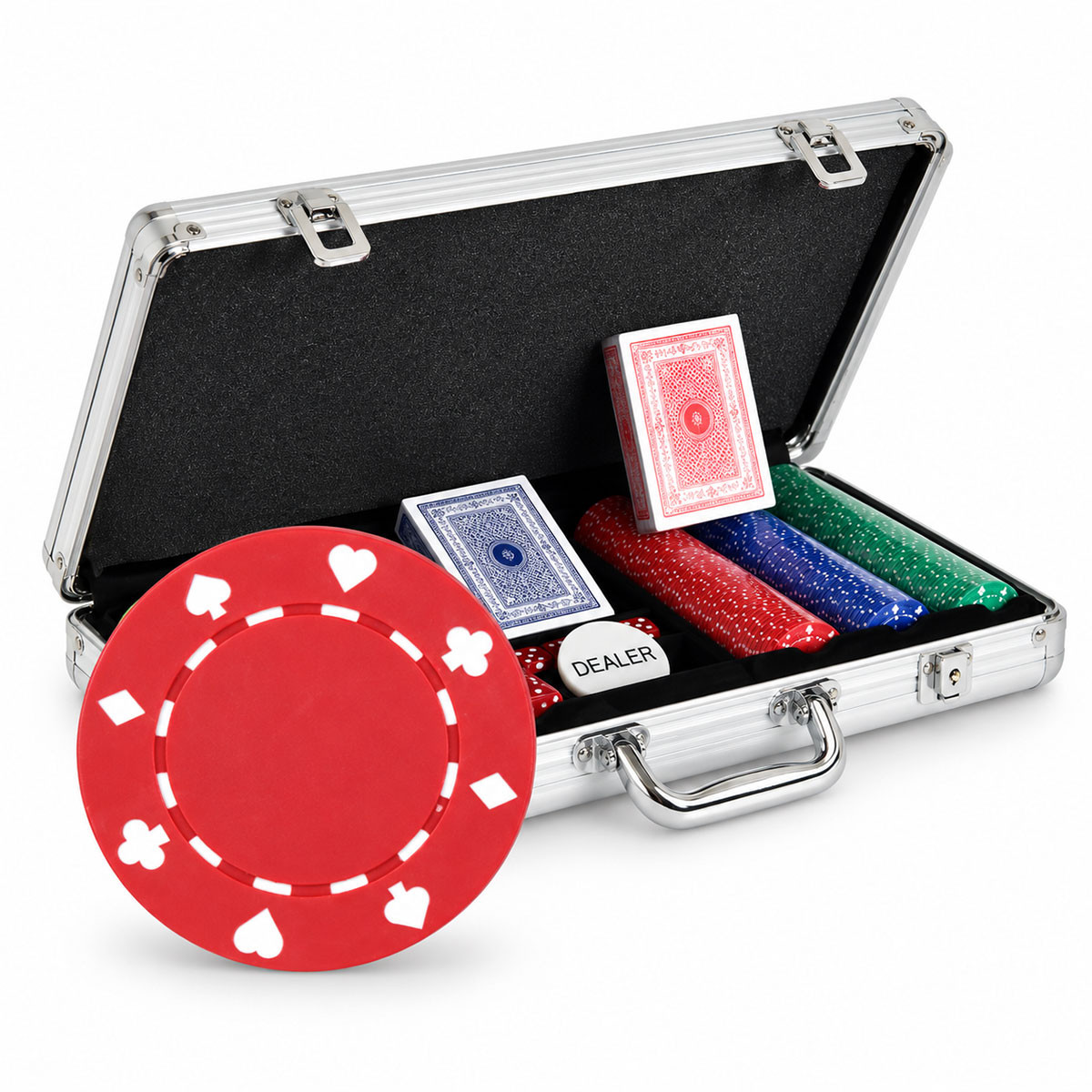 Maleta de 300 fichas de pôquer "SUITED" - em plástico ABS com inserção metálica 11,5g - 2 baralhos de cartas e acessórios.
