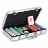 Pokerkoffert med 300 "DICE" - pokersjetonger av ABS-plast med 11,5g metallisk insats - levereras med 2 spelkort och tillbehör.