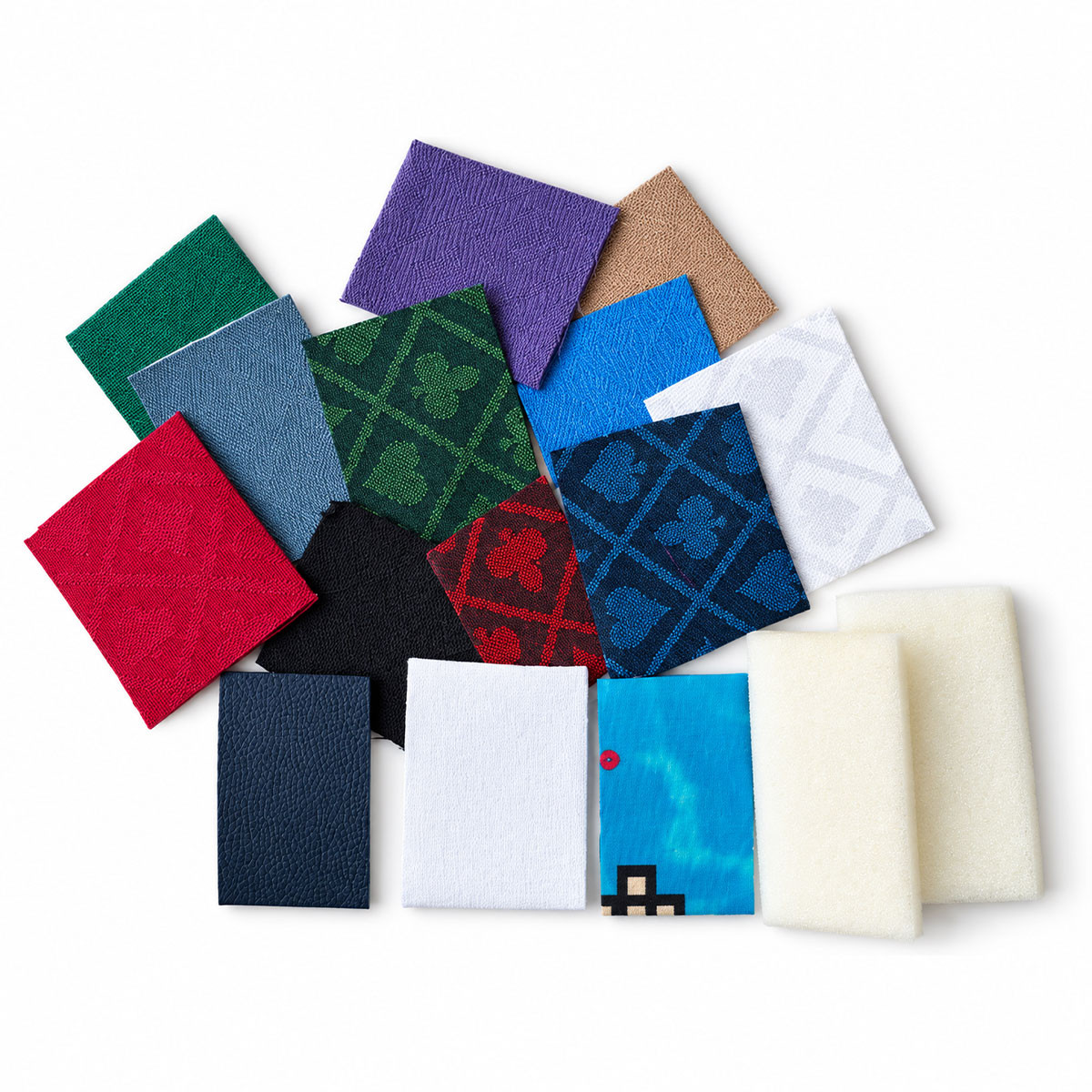 Próbka materiałów "SUITED" do stołu do pokera - speed cloth, pianka, dżersej neoprenowy, skóra sztuczna, filc kasynowy