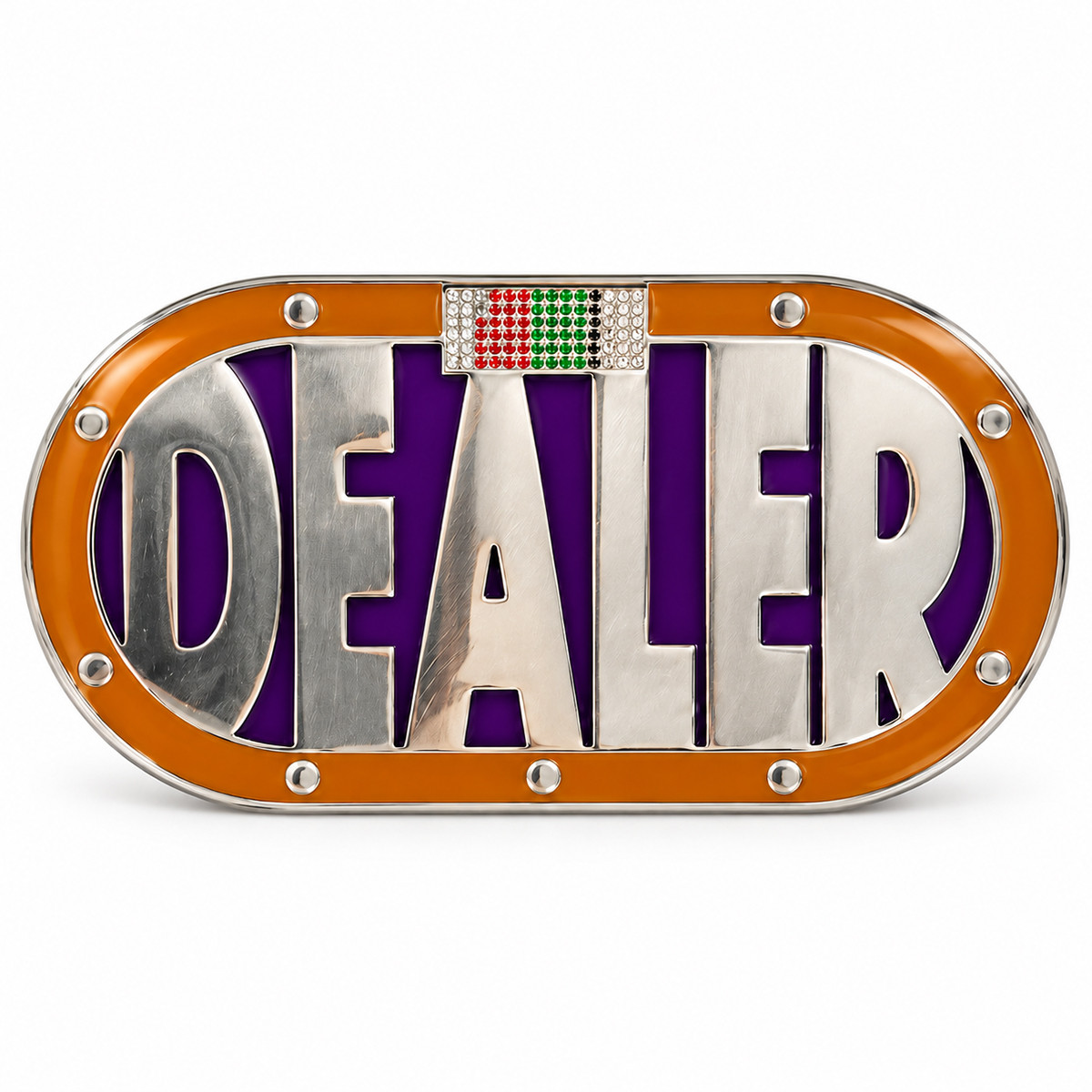 "CARD GUARD DEALER PURPLE" oval brass – 2 different sides