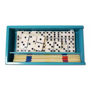 Houten koffer Domino's en Mikado.
