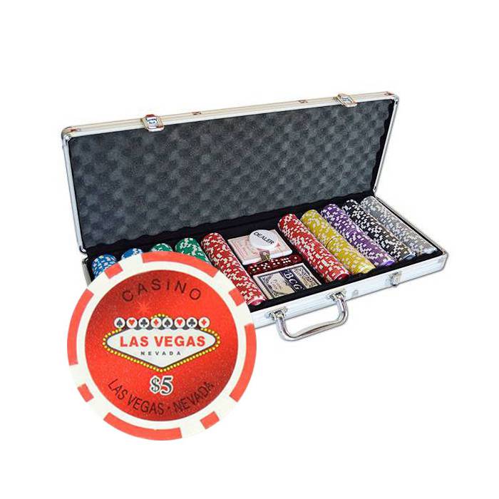 Pokerchipsväska med 500 chip WELCOME LAS VEGAS – i plasten ABS 11,5g – levereras med 2 kortlekar och tillbehör.