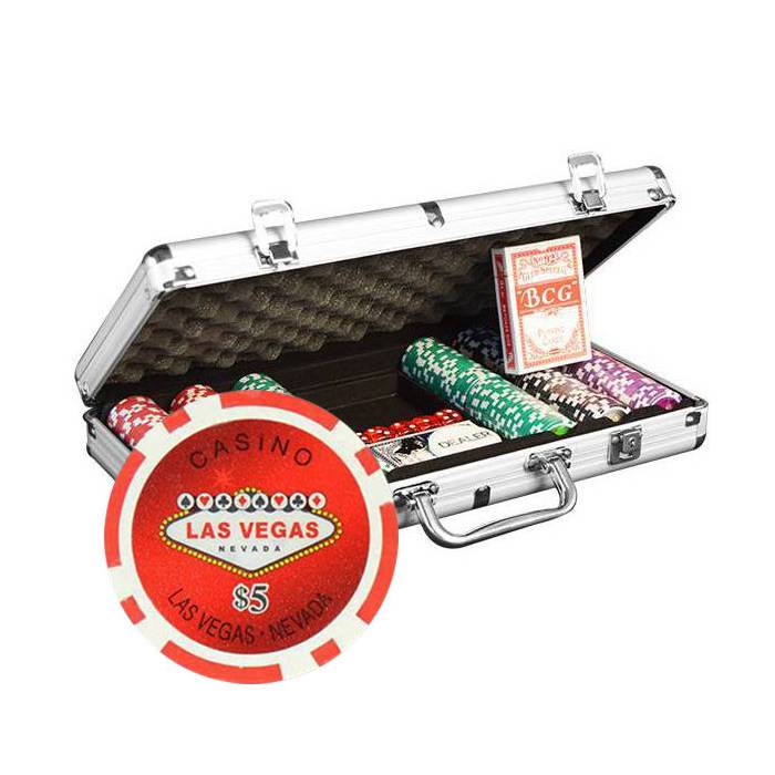 Maleta de 300 fichas de pôquer "BEM-VINDO LAS VEGAS" - versão TORNEIO - em ABS com inserção metálica de 12 g - com acessórios.