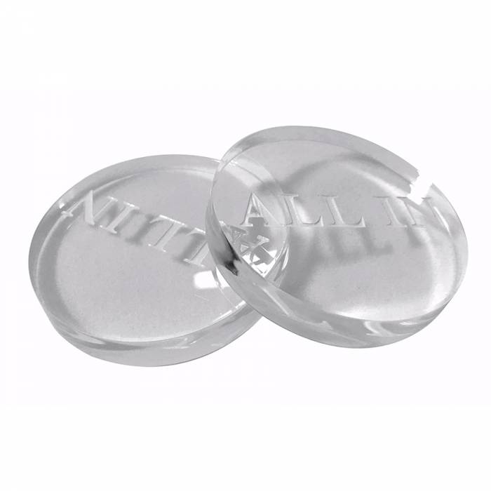 Transparent ALL IN button - made of plexiglass - 5.7 x 1 cm.
