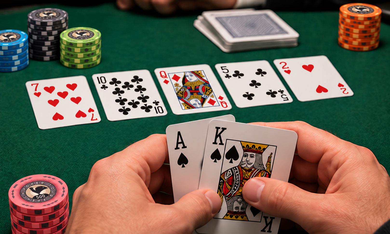 Cartas privadas As-Rey en una mesa de Texas Hold’em